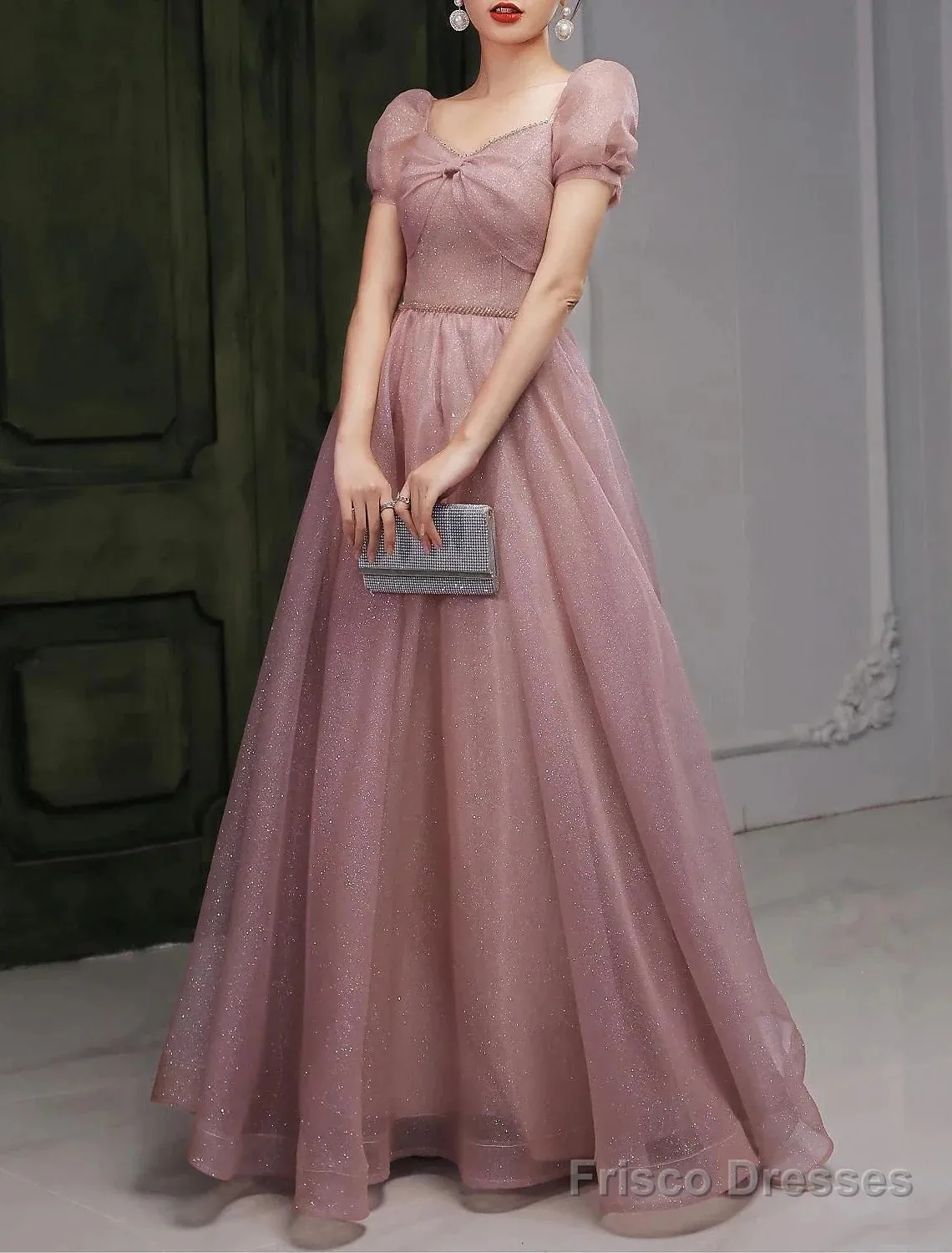 A-Line Beautiful Back Elegant Prom Formal Evening Birthday Dress Sweetheart Neckline Short Sleeve Floor Length Lace With Beading  / Puff Balloon Sleeve