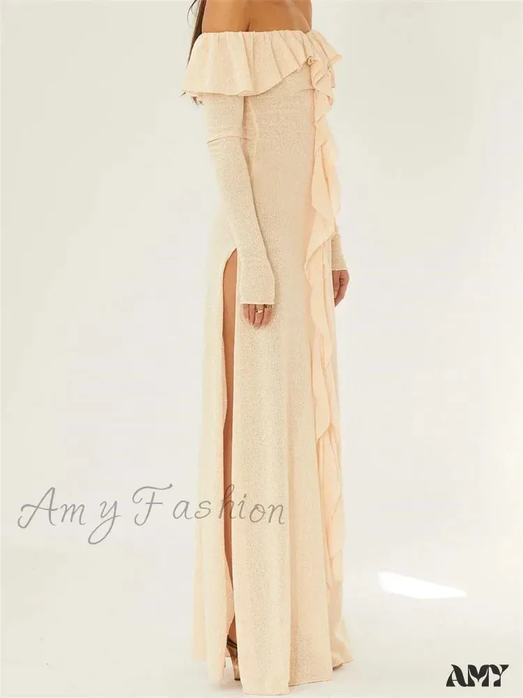 Amy Fashion - Elegant Women Knitted Evening  Solid  Sleeve Slash Neck Off Shoulder Ruffles Party Female Vestido