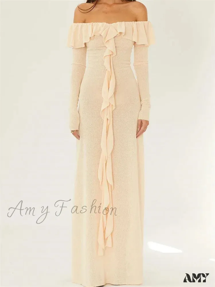 Amy Fashion - Elegant Women Knitted Evening  Solid  Sleeve Slash Neck Off Shoulder Ruffles Party Female Vestido