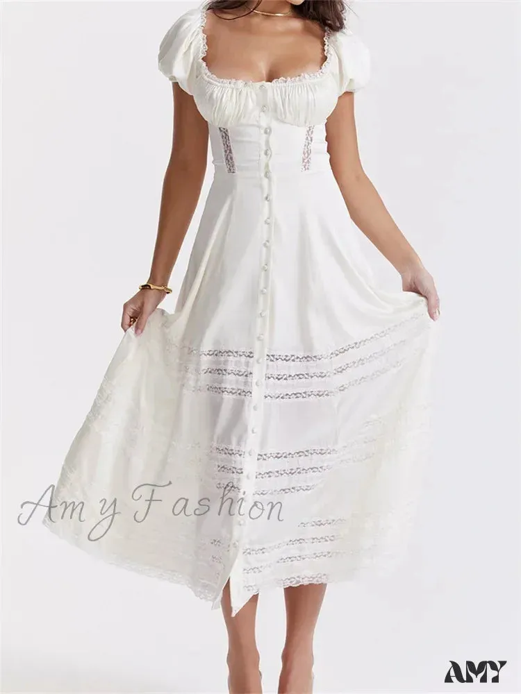 Amy Fashion - Elegant Women Short Sleeve Front Buttons Up   Lace Hollow Out High Waist White OL Summer Vestidos