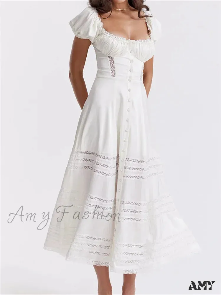 Amy Fashion - Elegant Women Short Sleeve Front Buttons Up   Lace Hollow Out High Waist White OL Summer Vestidos