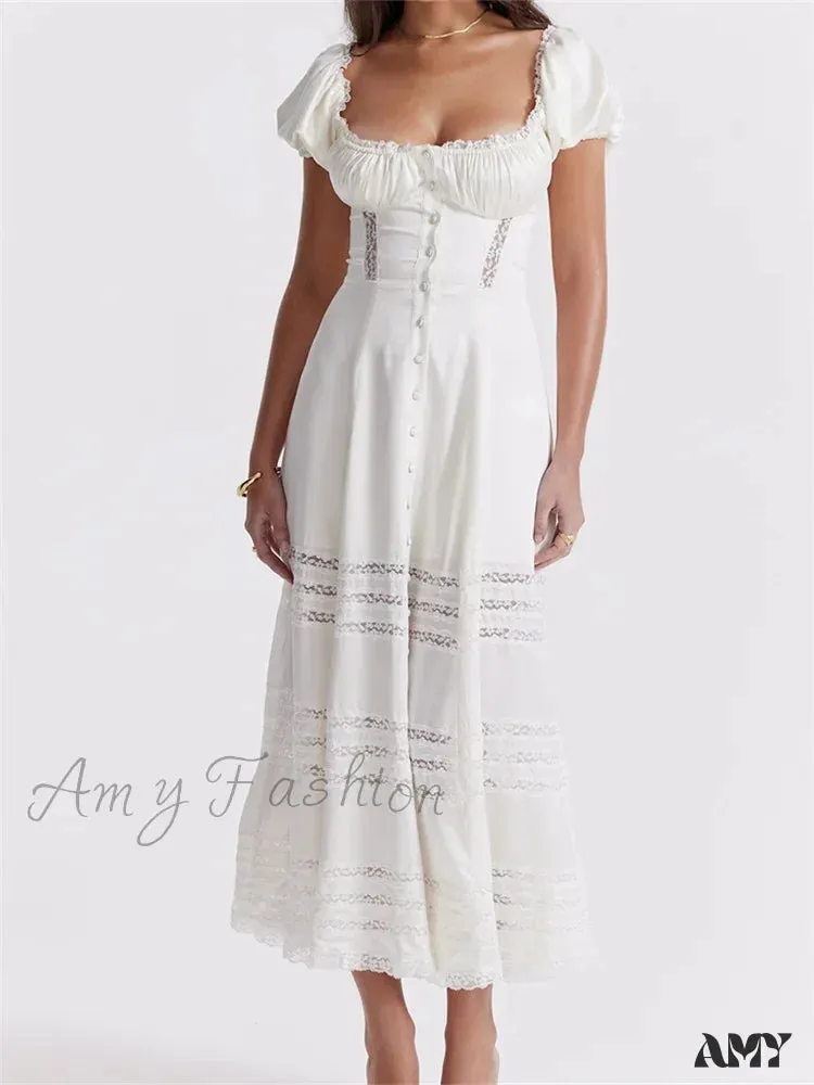 Amy Fashion - Elegant Women Short Sleeve Front Buttons Up   Lace Hollow Out High Waist White OL Summer Vestidos