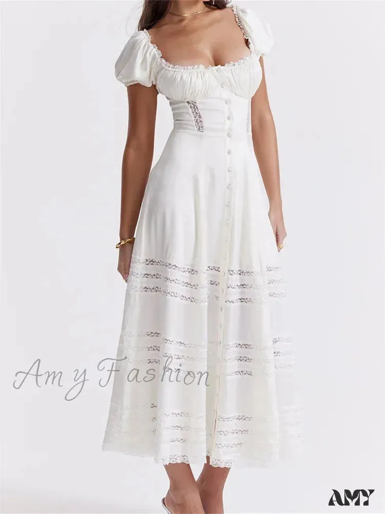 Amy Fashion - Elegant Women Short Sleeve Front Buttons Up   Lace Hollow Out High Waist White OL Summer Vestidos