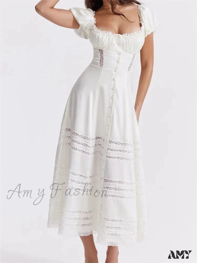 Amy Fashion - Elegant Women Short Sleeve Front Buttons Up   Lace Hollow Out High Waist White OL Summer Vestidos