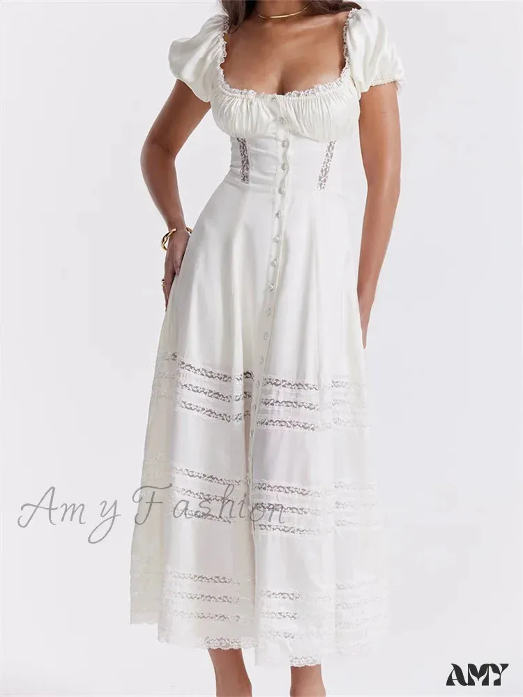 Amy Fashion - Elegant Women Short Sleeve Front Buttons Up   Lace Hollow Out High Waist White OL Summer Vestidos