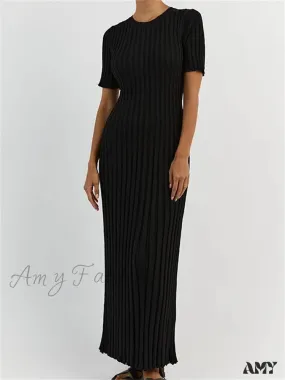 Amy Fashion - Fashion Women  Solid Color Round Neck Short Sleeve Summer Tie-Up Party Ribbed Knitted Female Vestidos