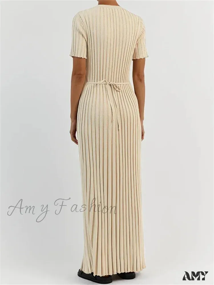 Amy Fashion - Fashion Women  Solid Color Round Neck Short Sleeve Summer Tie-Up Party Ribbed Knitted Female Vestidos