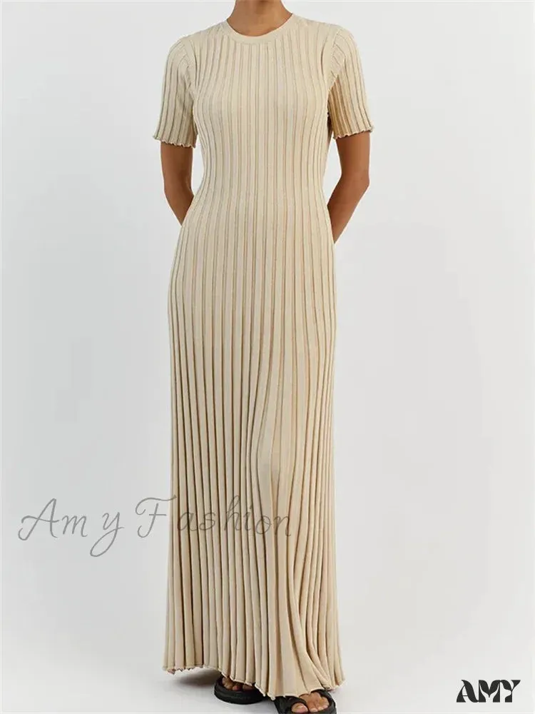 Amy Fashion - Fashion Women  Solid Color Round Neck Short Sleeve Summer Tie-Up Party Ribbed Knitted Female Vestidos