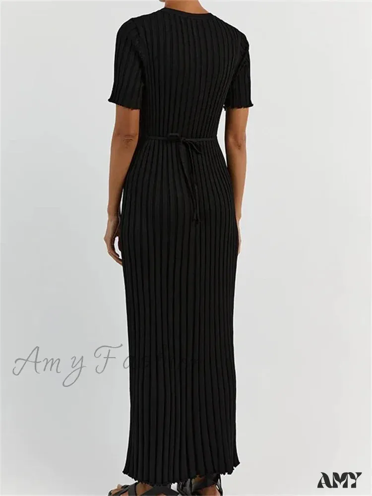 Amy Fashion - Fashion Women  Solid Color Round Neck Short Sleeve Summer Tie-Up Party Ribbed Knitted Female Vestidos