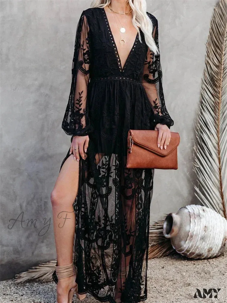 Amy Fashion - Lace Floral Mesh See Through    Summer Deep V-neck  Lantern Sleeve Beach Female Vestidos