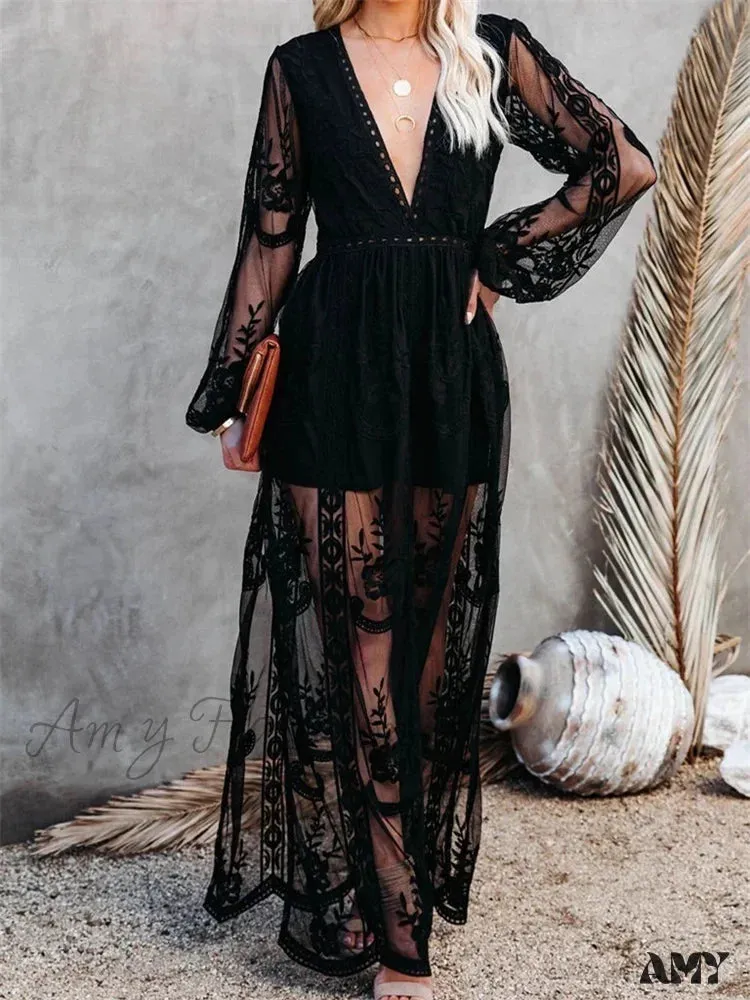Amy Fashion - Lace Floral Mesh See Through    Summer Deep V-neck  Lantern Sleeve Beach Female Vestidos