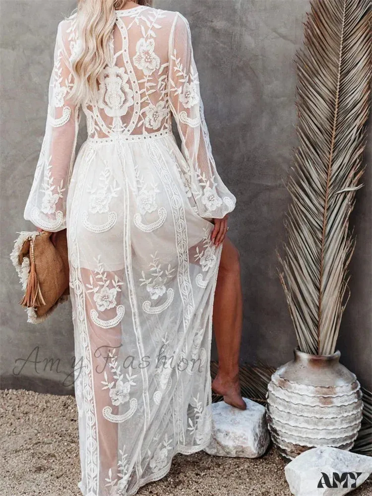 Amy Fashion - Lace Floral Mesh See Through    Summer Deep V-neck  Lantern Sleeve Beach Female Vestidos