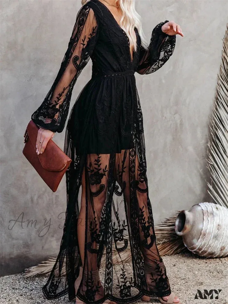 Amy Fashion - Lace Floral Mesh See Through    Summer Deep V-neck  Lantern Sleeve Beach Female Vestidos