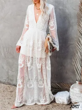 Amy Fashion - Lace Floral Mesh See Through    Summer Deep V-neck  Lantern Sleeve Beach Female Vestidos