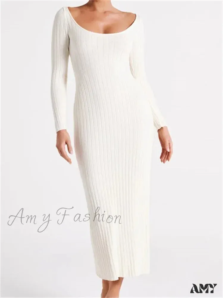 Amy Fashion - Women Knitted Bodycon  Solid Color Ribbed Round Neck  Sleeve Side Split Spring Fall Vestidos