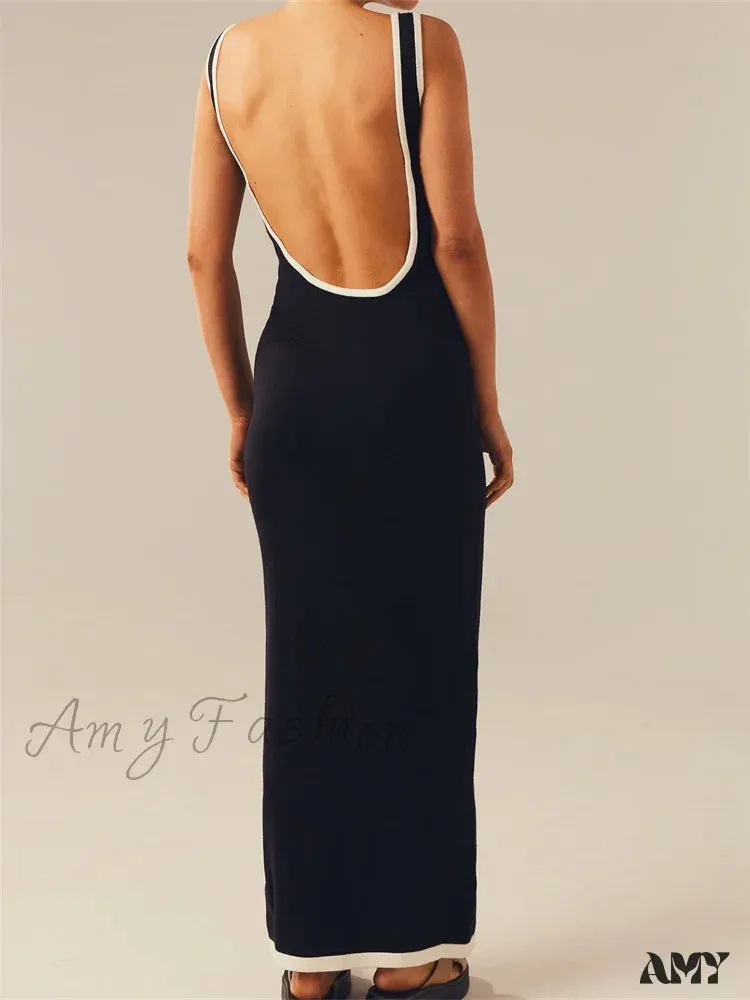 Amy Fashion - Women Knitted Tank Summer Contrast Color Hollow Out Backless Party Cocktail Beach Club Vestido Streetwear