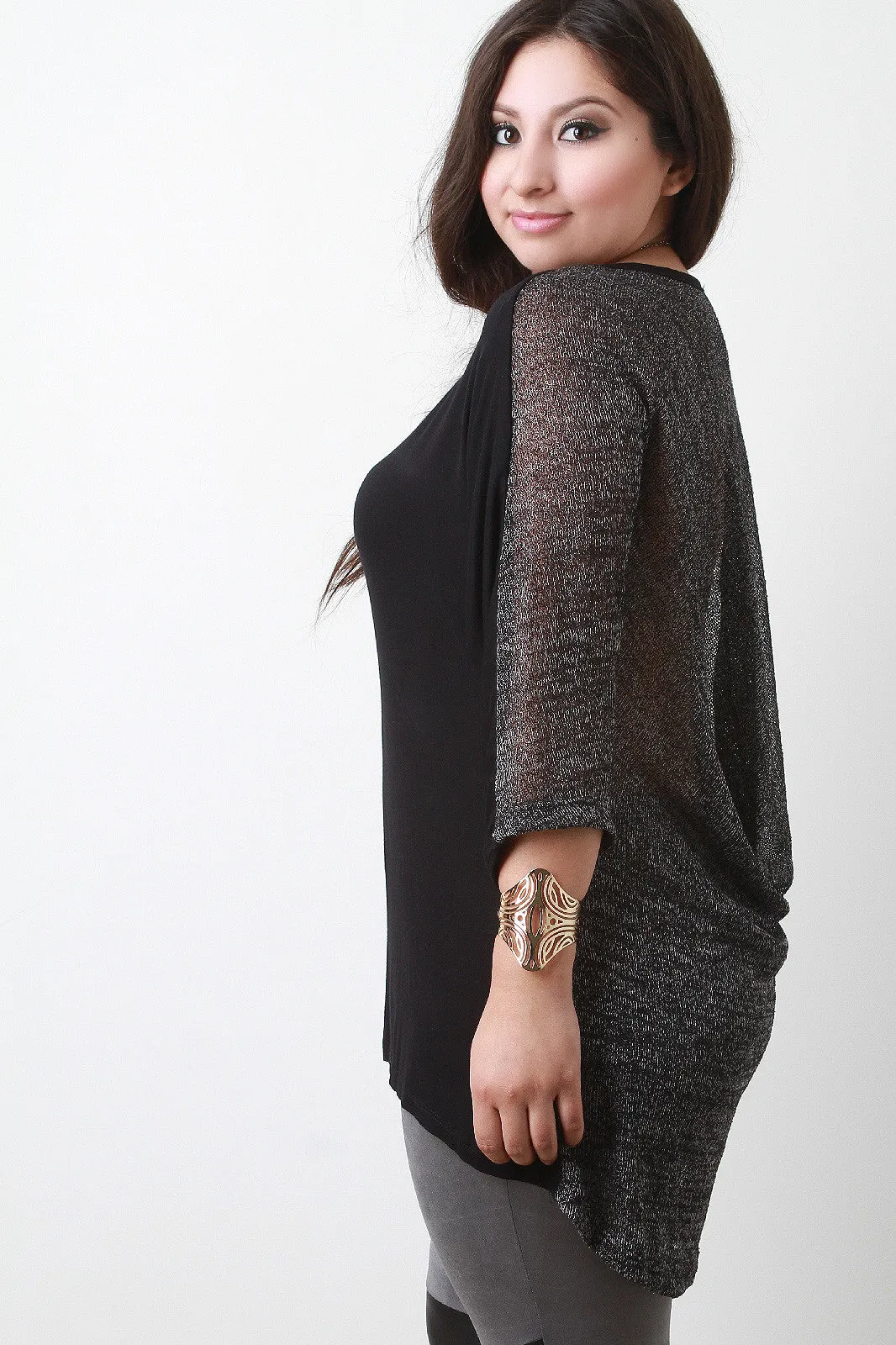 Back Contrast Loose Knit Dolman Sleeves High Low Top
