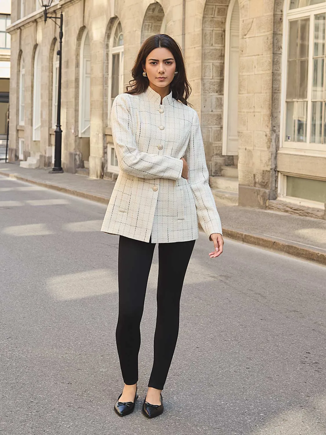 Boucle Button-Front Blazer With Mandarin Collar
