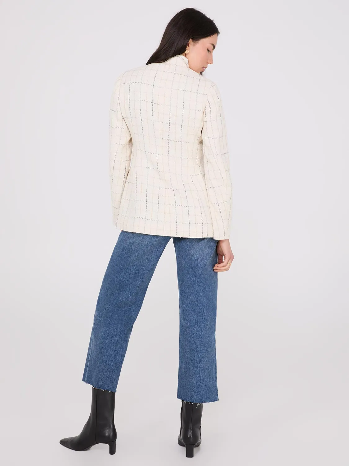 Boucle Button-Front Blazer With Mandarin Collar