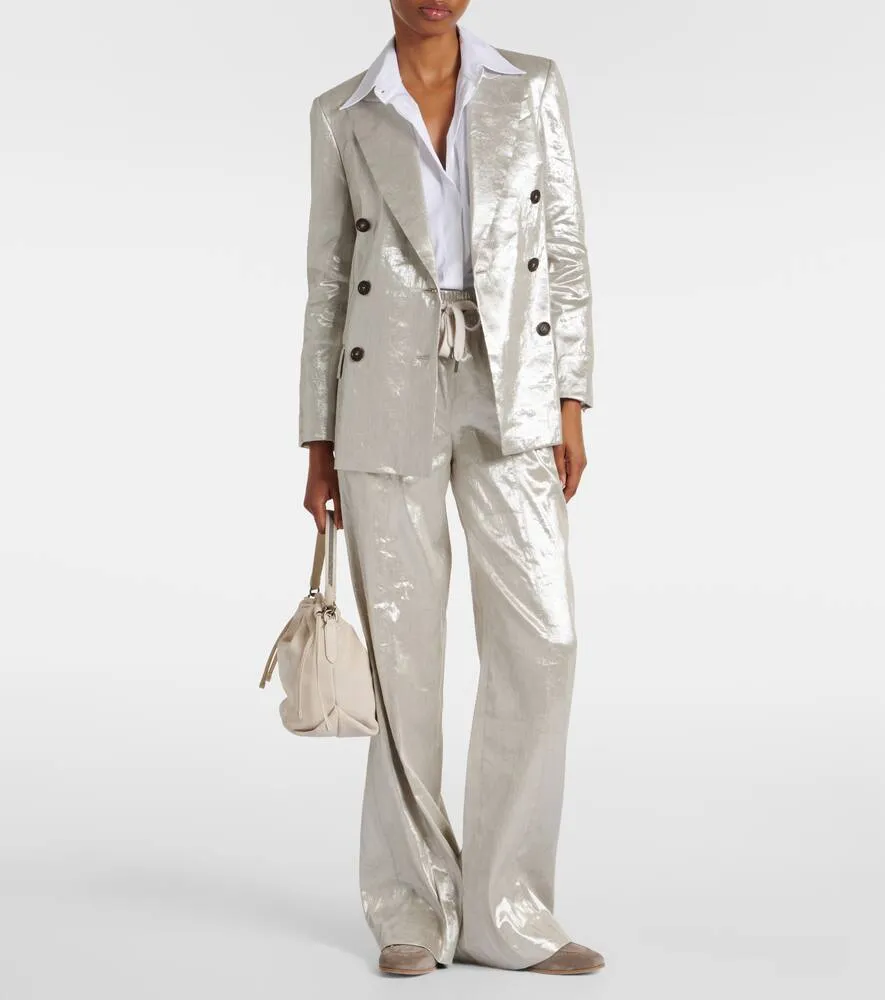 Brunello Cucinelli Double-breasted metallic linen-blend blazer