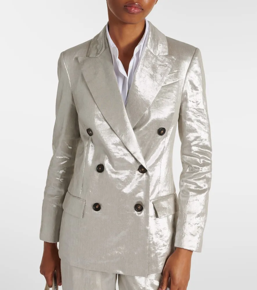 Brunello Cucinelli Double-breasted metallic linen-blend blazer