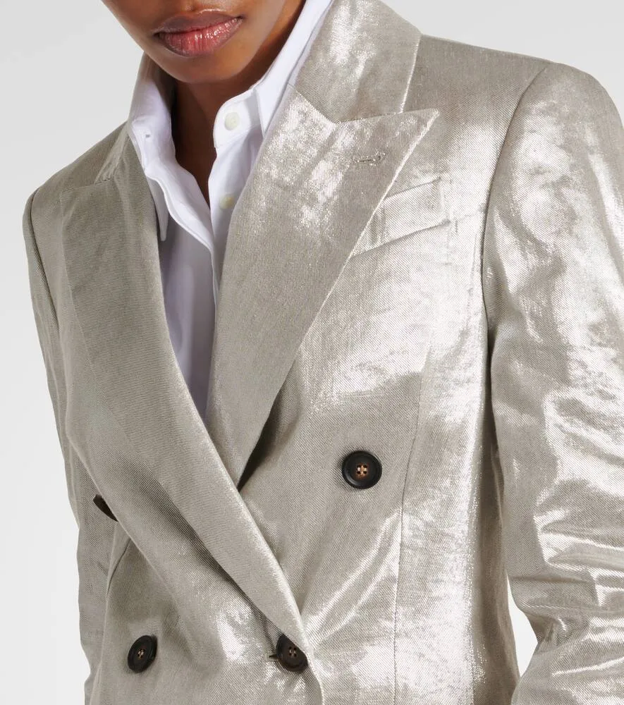 Brunello Cucinelli Double-breasted metallic linen-blend blazer