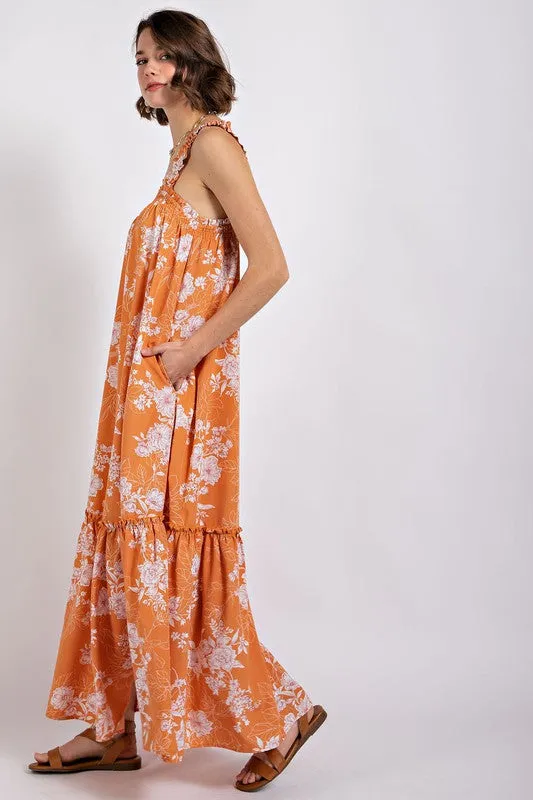 Dusty Orange Floral Print Maxi Dress