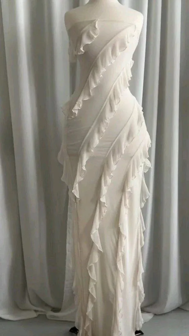 Elegant Dresses Evening Wear Strapless Beige Long Prom Dress Ruffle Evening Party Dress