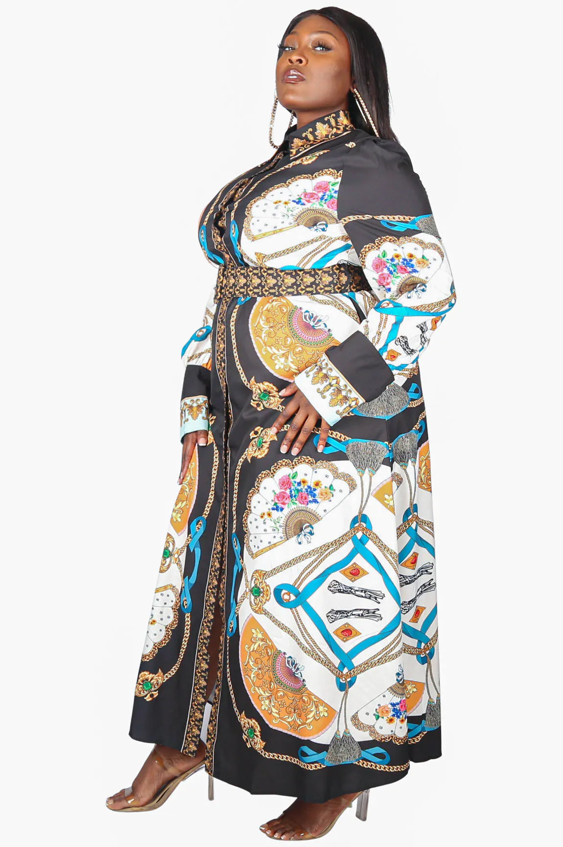 Fans Florals and Chains Maxi Dress, Black