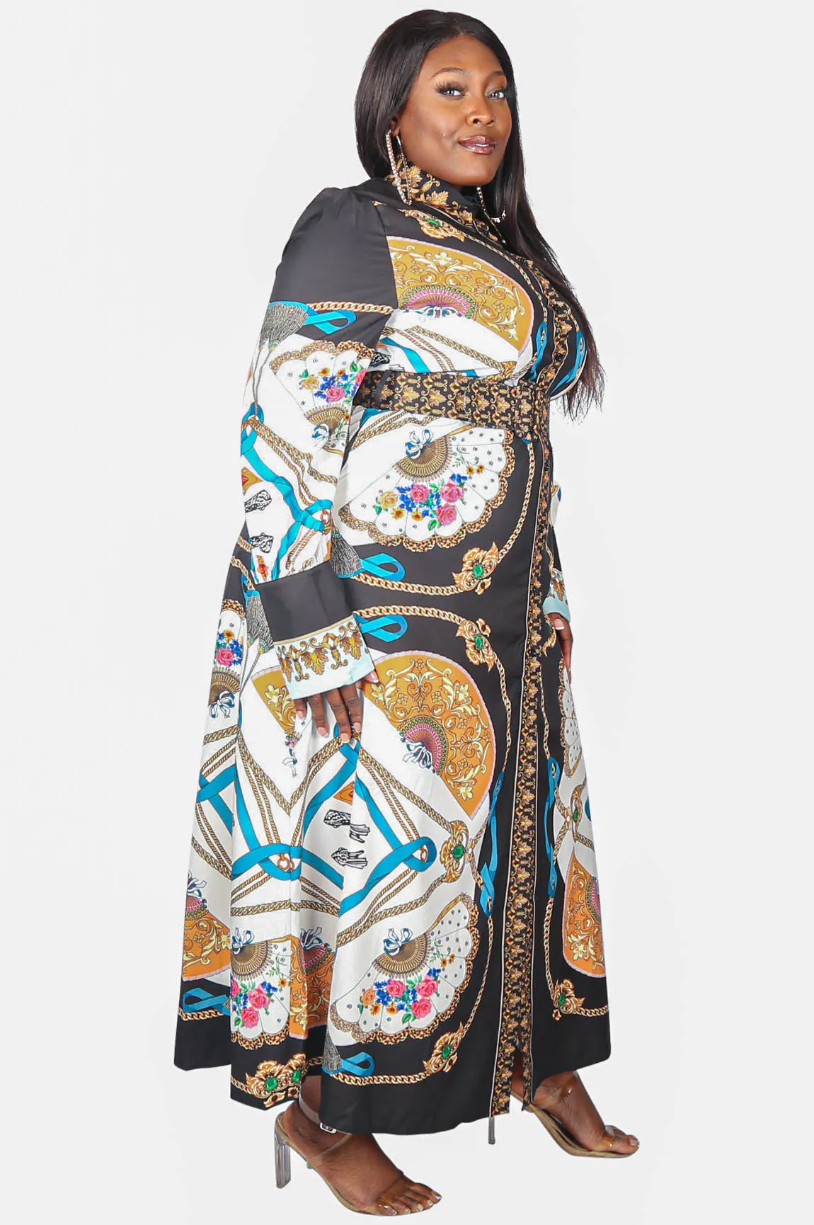 Fans Florals and Chains Maxi Dress, Black