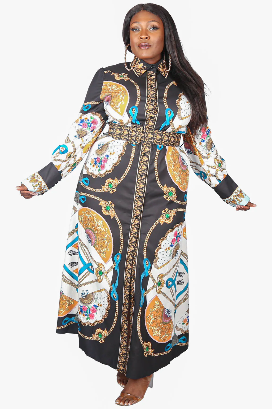 Fans Florals and Chains Maxi Dress, Black