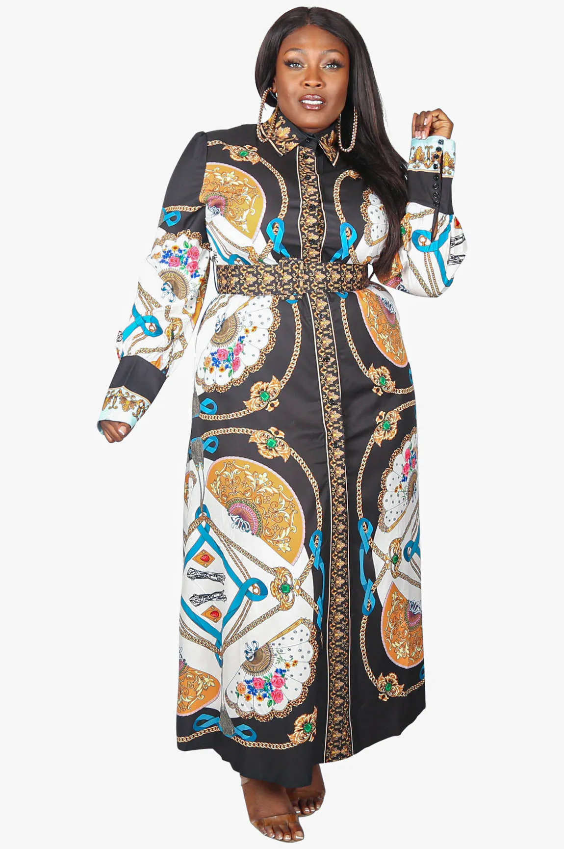 Fans Florals and Chains Maxi Dress, Black
