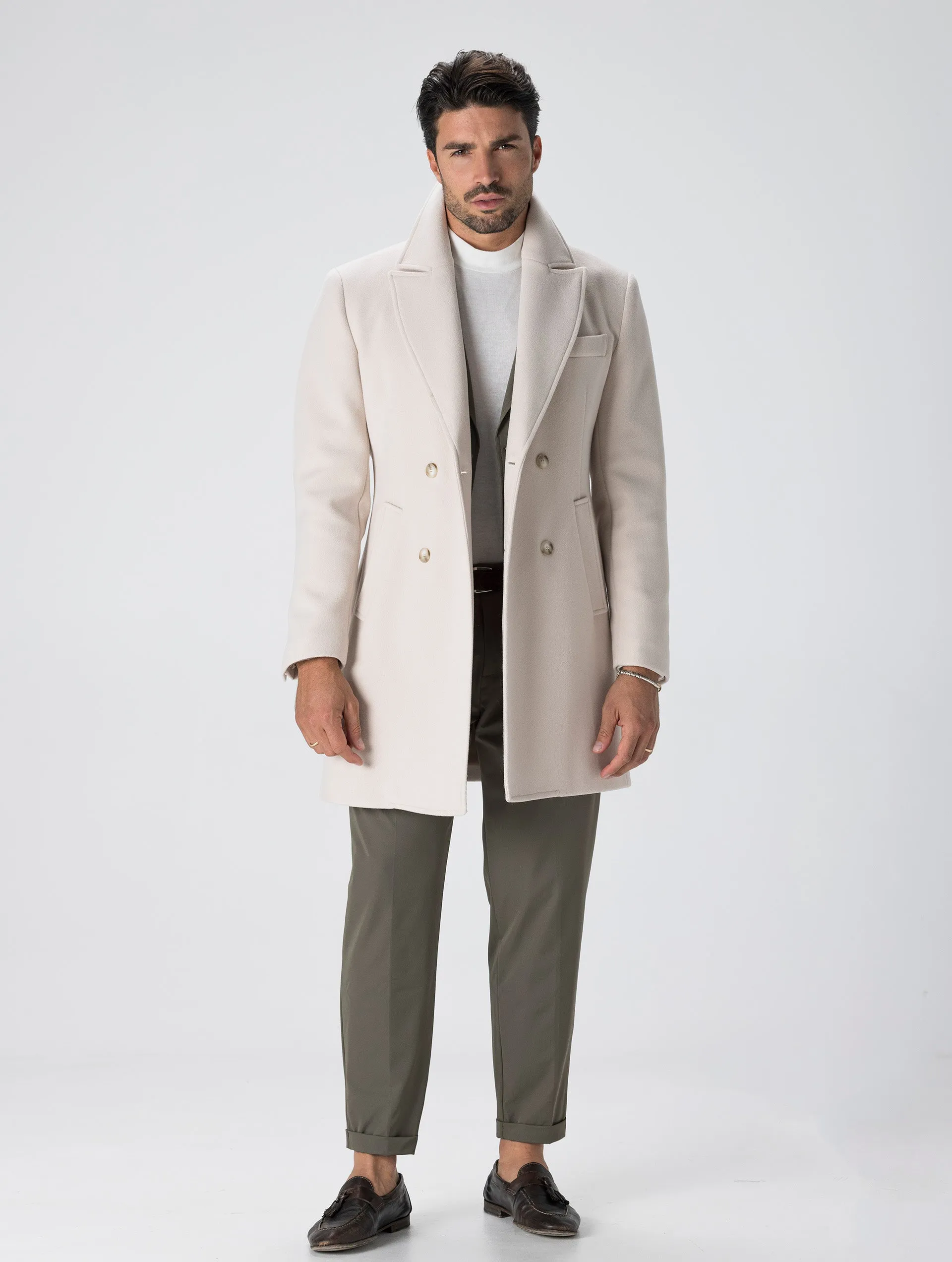 HUGO DOUBLE BREASTED COAT IN KASHA