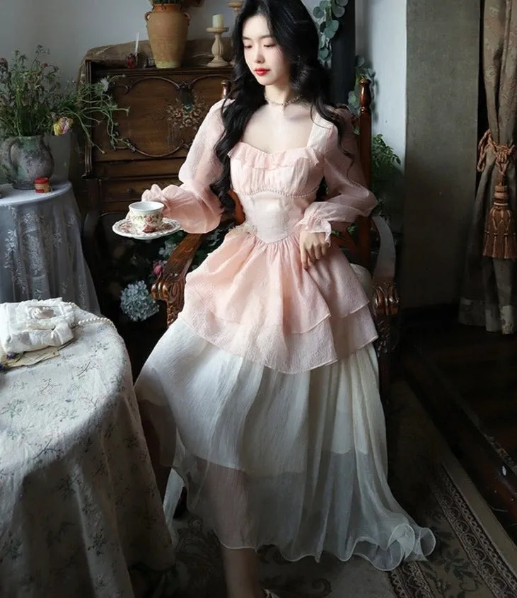 Hulianfu 2023 New High Waisted French Style Long Sleeve Elegant Dresses Chic A Line Casual Dress Chiffon Long Dress for Women