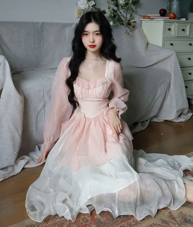 Hulianfu 2023 New High Waisted French Style Long Sleeve Elegant Dresses Chic A Line Casual Dress Chiffon Long Dress for Women
