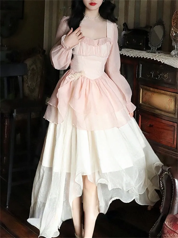 Hulianfu 2023 New High Waisted French Style Long Sleeve Elegant Dresses Chic A Line Casual Dress Chiffon Long Dress for Women