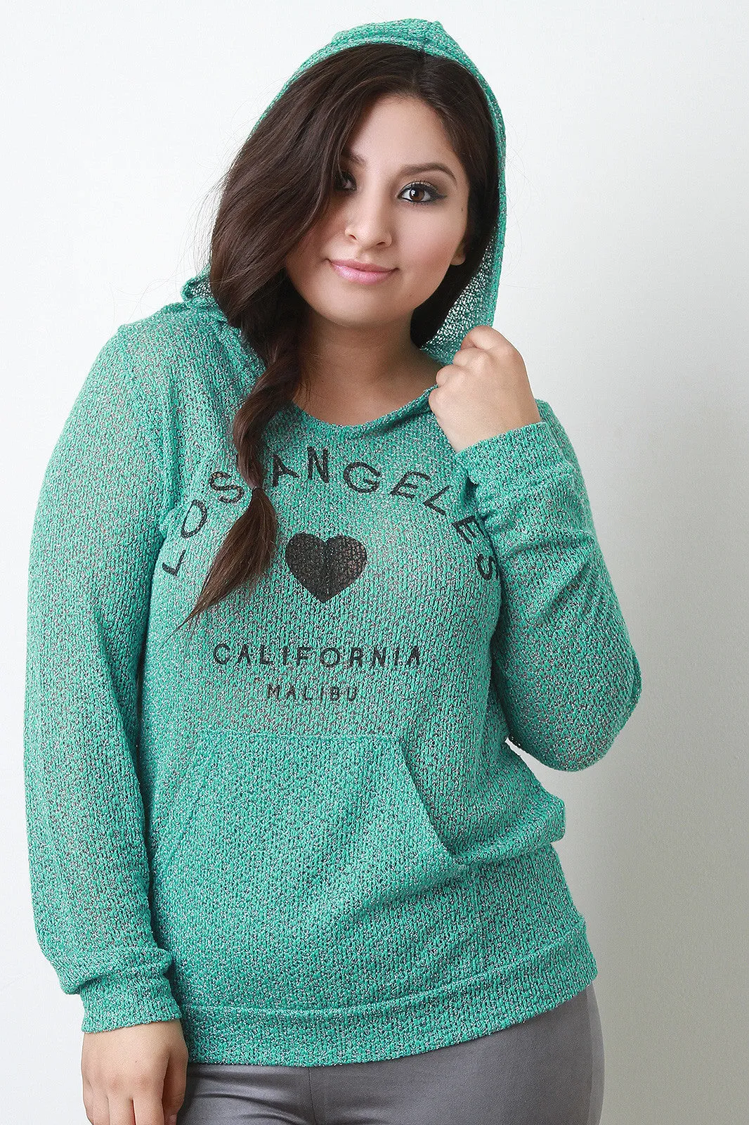 Marled Loose Knit Graphic Long Sleeves Hooded Top