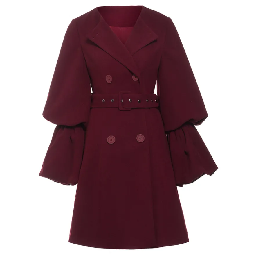 Maroon Blood Red Goth Ruffled Sleeves Double Breasted Coat