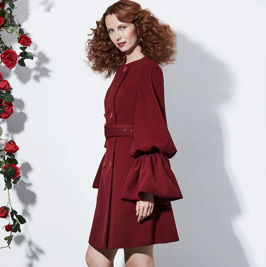 Maroon Blood Red Goth Ruffled Sleeves Double Breasted Coat