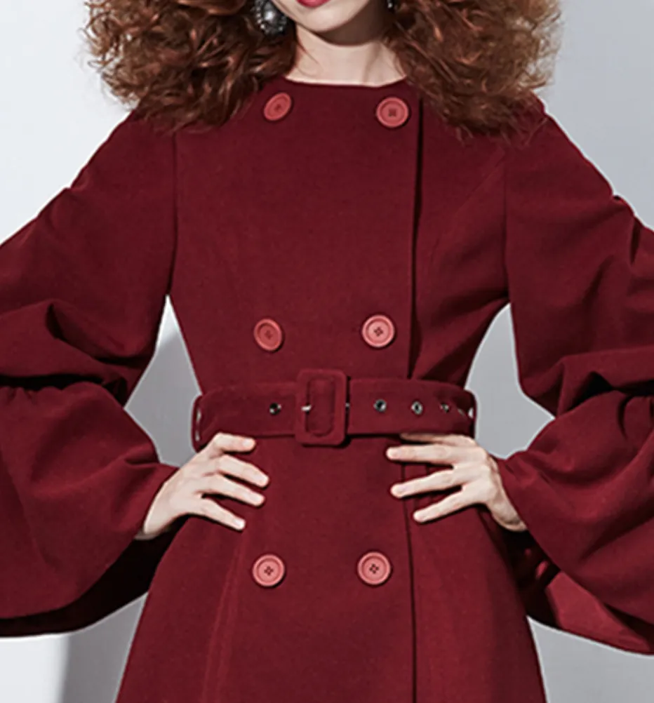 Maroon Blood Red Goth Ruffled Sleeves Double Breasted Coat
