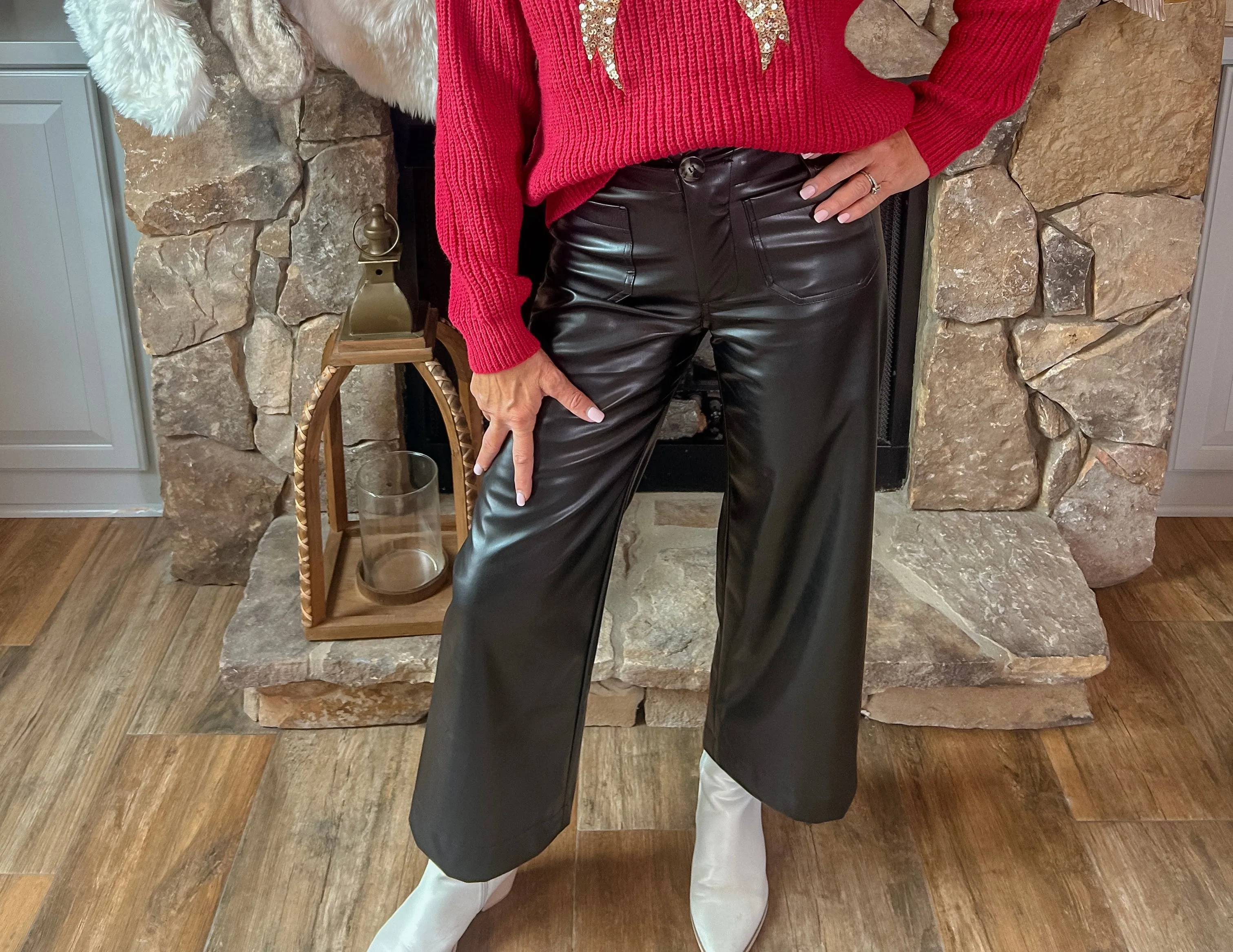 Mid Rise Faux Leather Wide Leg Boot Cut Pants