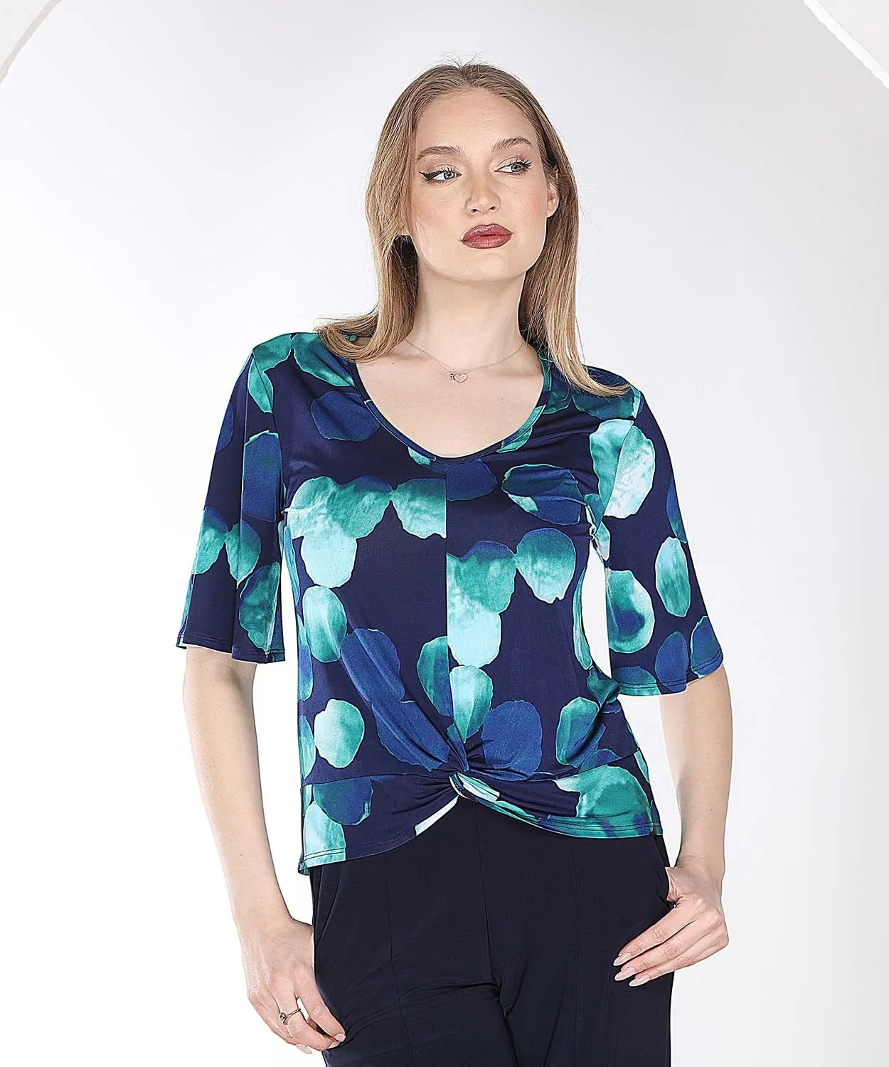 Printed Mid Sleeve Front Twist Top