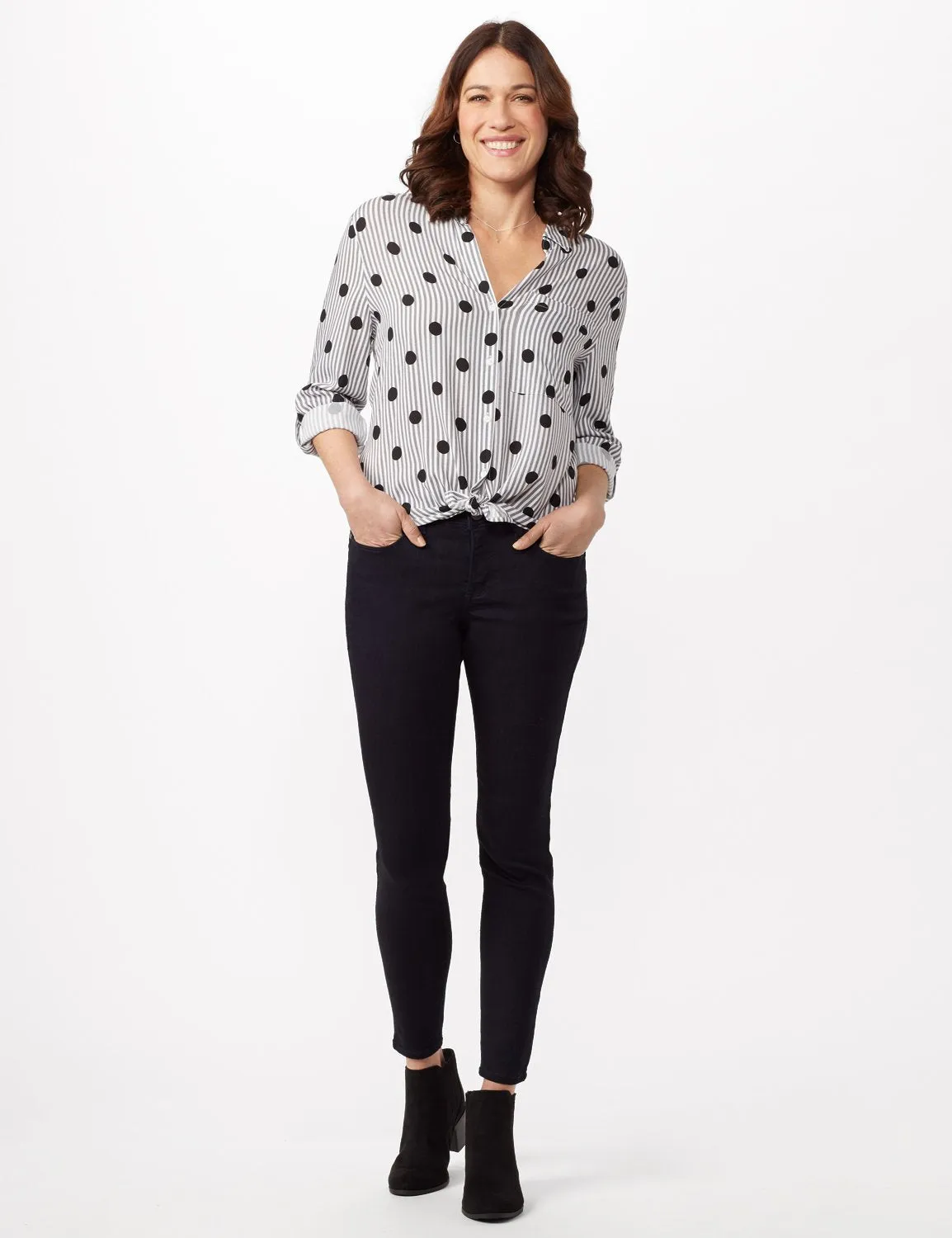 Roll Tab Sleeve Dot Stripe Button Up Shirt