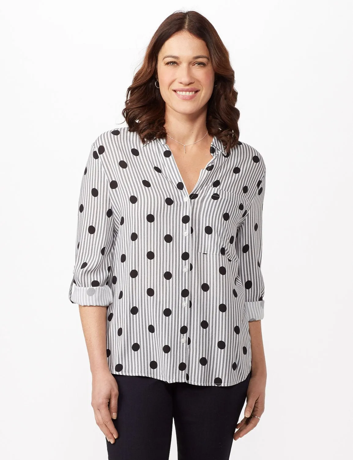 Roll Tab Sleeve Dot Stripe Button Up Shirt