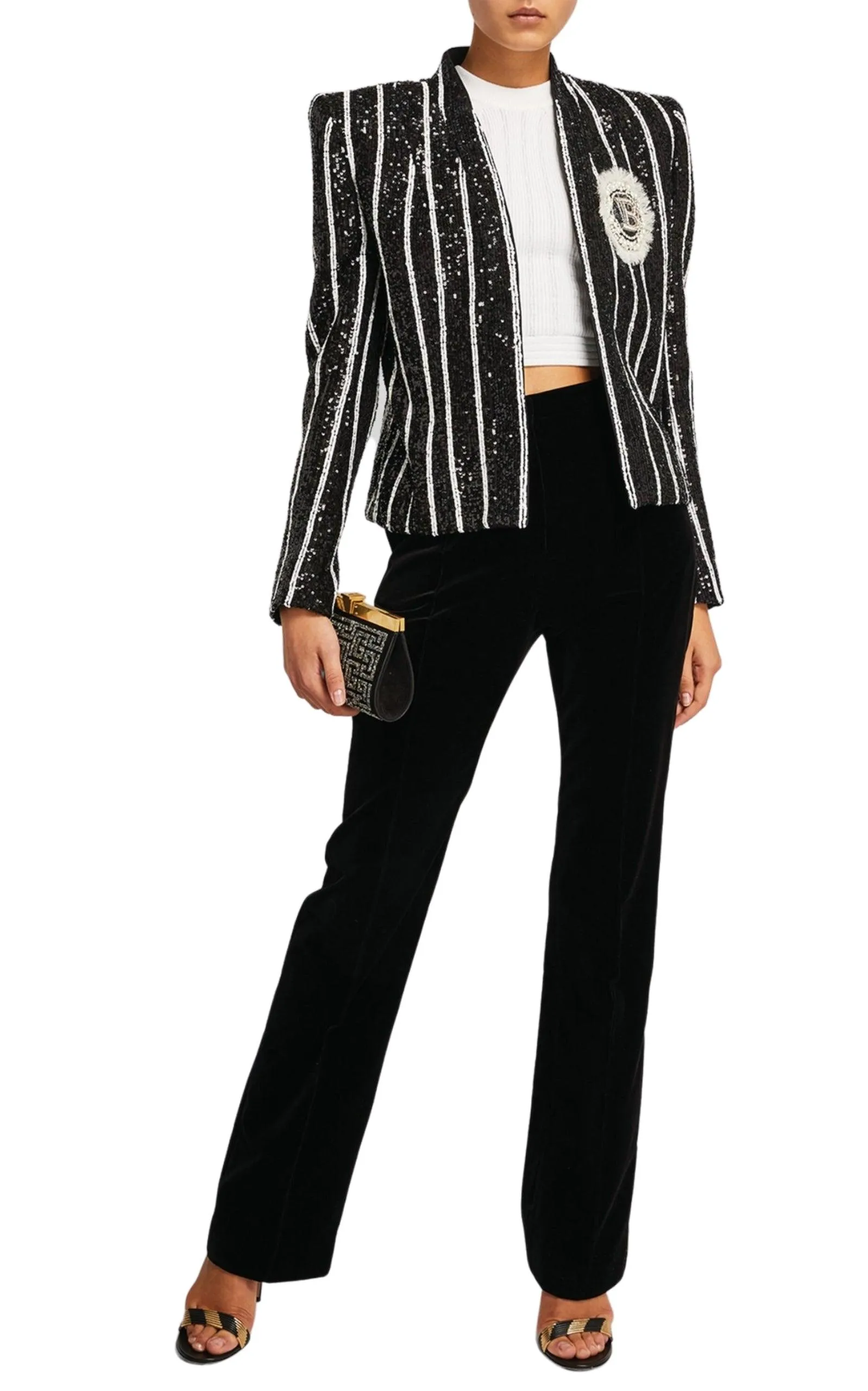 Sequinned Black White Striped Spencer Jacket