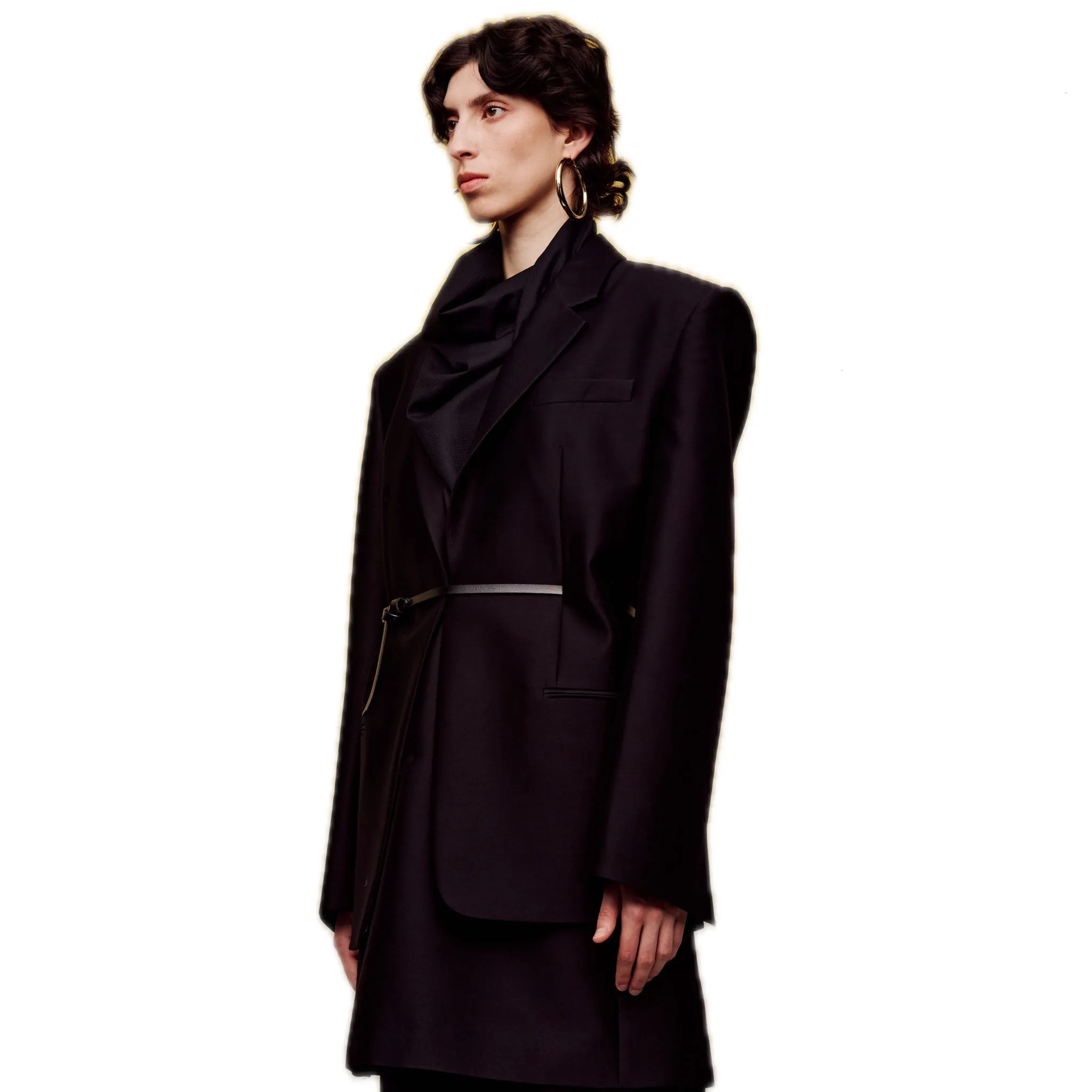 Silk Wool Long-sleeved Blazer in Black(Belt)