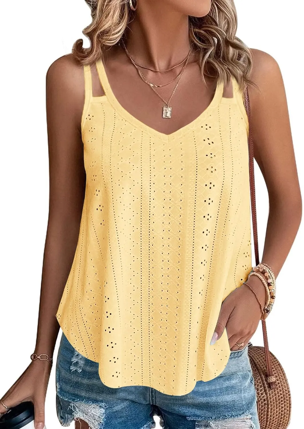 Zeagoo Flowy Strap Eyelet Embroidery Sleeveless Casual Tank Top