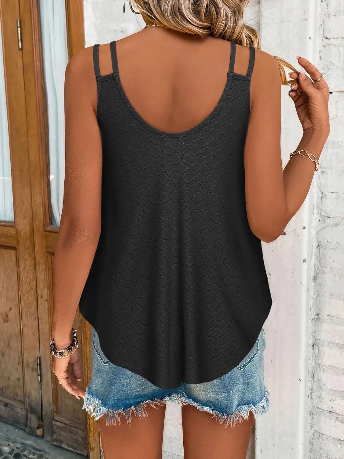 Zeagoo Flowy Strap Eyelet Embroidery Sleeveless Casual Tank Top