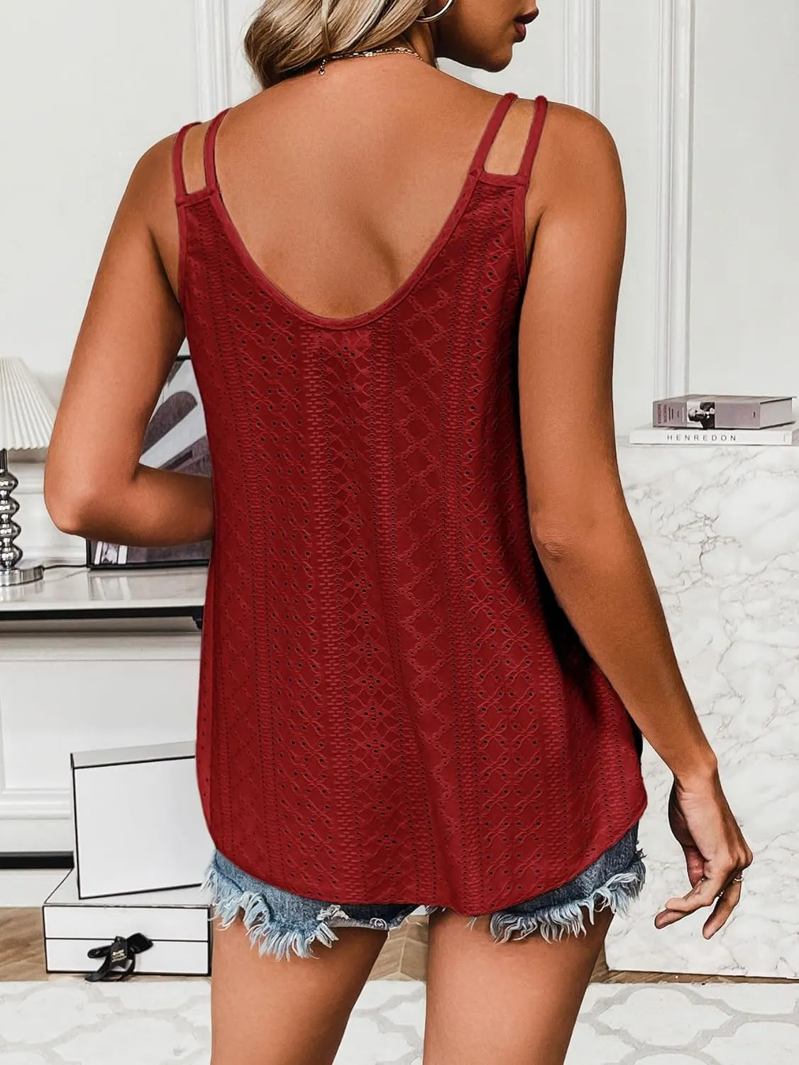 Zeagoo Flowy Strap Eyelet Embroidery Sleeveless Casual Tank Top