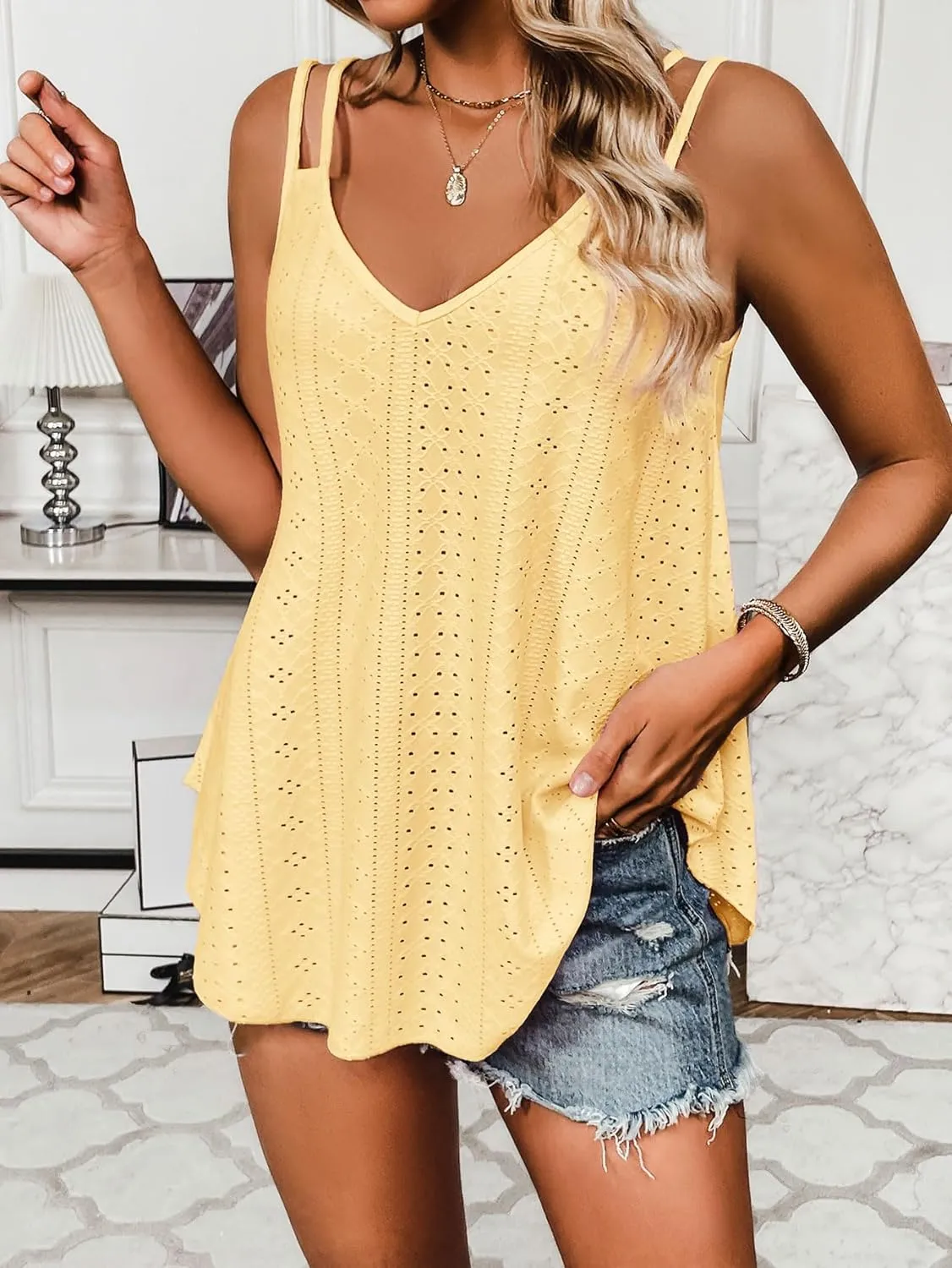 Zeagoo Flowy Strap Eyelet Embroidery Sleeveless Casual Tank Top